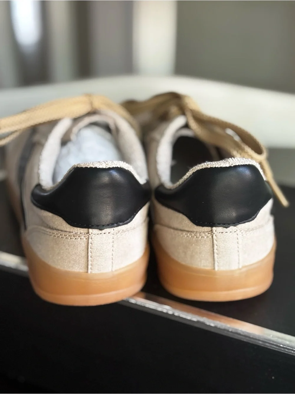 Madden Girl NEW Women’s Taupe Beige Suede Sneakers with Black Accent Gum Sole